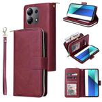 For Redmi Note 13 4G 9-Card Slots Zipper Wallet Bag Leather Phone Case(Wine Red)