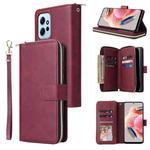 For Redmi Note 12 4G Global 9 Card Slots Zipper Wallet Bag Leather Phone Case(Wine Red)