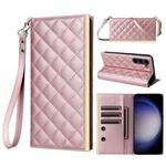 For Samsung Galaxy S23 5G Crossbody Rhombic Sucker Leather Phone Case(Rose Gold)