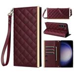 For Samsung Galaxy S23 5G Crossbody Rhombic Sucker Leather Phone Case(Claret)