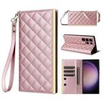 For Samsung Galaxy S22 Ultra 5G Crossbody Rhombic Sucker Leather Phone Case(Rose Gold)