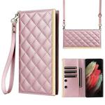 For Samsung Galaxy S21 Ultra 5G Crossbody Rhombic Sucker Leather Phone Case(Rose Gold)