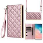 For Samsung Galaxy S10 Crossbody Rhombic Sucker Leather Phone Case(Rose Gold)