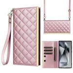 For Samsung Galaxy S25 Ultra 5G Crossbody Rhombic Sucker Leather Phone Case(Rose Gold)