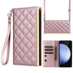 For Samsung Galaxy S24 FE 5G Crossbody Rhombic Sucker Leather Phone Case(Rose Gold)