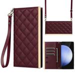 For Samsung Galaxy S24 FE 5G Crossbody Rhombic Sucker Leather Phone Case(Claret)