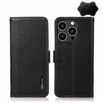 For iPhone 15 Pro Max KHAZNEH Side-Magnetic Litchi Genuine Leather RFID Phone Case(Black)