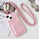 For iPhone 14 Metallic Paint Skin Feel Full Coverage Shockproof Phone Case with Card Bag + Lanyard(Pink)