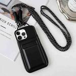 For iPhone 14 Pro Metallic Paint Skin Feel Full Coverage Shockproof Phone Case with Card Bag + Lanyard(Black)
