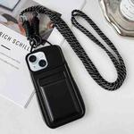 For iPhone 15 Metallic Paint Skin Feel Full Coverage Shockproof Phone Case with Card Bag + Lanyard(Black)