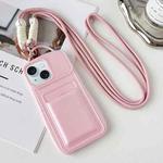 For iPhone 15 Plus Metallic Paint Skin Feel Full Coverage Shockproof Phone Case with Card Bag + Lanyard(Pink)