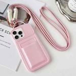 For iPhone 15 Pro Max Metallic Paint Skin Feel Full Coverage Shockproof Phone Case with Card Bag + Lanyard(Pink)