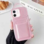 For iPhone 11 Metallic Paint Skin Feel Full Coverage Shockproof Phone Case with Card Bag(Pink)