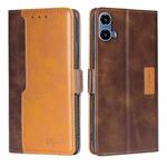 For Motorola Moto G34 5G Contrast Color Side Buckle Leather Phone Case(Dark Brown + Gold)