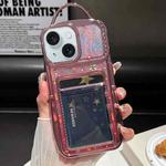 For iPhone 15 Plus Electroplated Card Slot Laser Butterfly Cardboard TPU Phone Case(Pink)