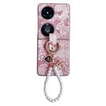 For Huawei P50 Pocket Embroidery Style Full Coverage Phone Case with Ring Bead Chain(Pink)