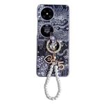 For Huawei P50 Pocket Embroidery Style Full Coverage Phone Case with Ring Bead Chain(Blue)