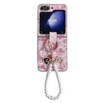 For Samsung Galaxy Z Flip5 Embroidery Style Full Coverage Phone Case with Ring Bead Chain(Pink)