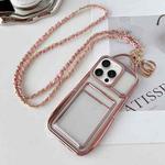 For iPhone 15 Pro Electroplated Clear Card Slot TPU Phone Case with Crossbody Chain(Pink)