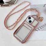 For iPhone 15 Plus Electroplated Clear Card Slot TPU Phone Case with Crossbody Chain(Pink)