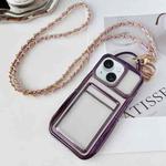 For iPhone 15 Electroplated Clear Card Slot TPU Phone Case with Crossbody Chain(Purple)