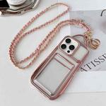 For iPhone 14 Pro Electroplated Clear Card Slot TPU Phone Case with Crossbody Chain(Pink)