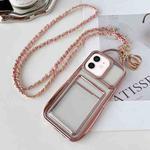 For iPhone 12 Electroplated Clear Card Slot TPU Phone Case with Crossbody Chain(Pink)