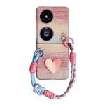 For Huawei P50 Illusory Color Leather Texture PC Phone Case with Color Strap(Pink)
