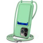For iPhone 15 Pro Max Integrated Card Bag Solid Color Liquid Silicone Phone Case with Lanyard(Green)