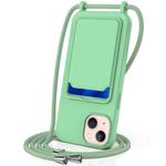 For iPhone 15 Plus Integrated Card Bag Solid Color Liquid Silicone Phone Case with Lanyard(Green)