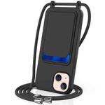 For iPhone 15 Integrated Card Bag Solid Color Liquid Silicone Phone Case with Lanyard(Black)