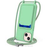 For iPhone 14 Integrated Card Bag Solid Color Liquid Silicone Phone Case with Lanyard(Green)