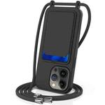 For iPhone 14 Pro Integrated Card Bag Solid Color Liquid Silicone Phone Case with Lanyard(Black)