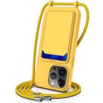 For iPhone 14 Pro Max Integrated Card Bag Solid Color Liquid Silicone Phone Case with Lanyard(Yellow)