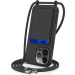 For iPhone 13 Pro Integrated Card Bag Solid Color Liquid Silicone Phone Case with Lanyard(Black)