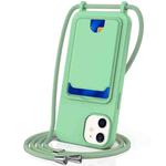 For iPhone 12 Integrated Card Bag Solid Color Liquid Silicone Phone Case with Lanyard(Green)