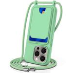 For iPhone 16 Pro Max Integrated Card Bag Solid Color Liquid Silicone Phone Case with Lanyard(Green)