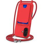 For iPhone 16 Plus Integrated Card Bag Solid Color Liquid Silicone Phone Case with Lanyard(Red)