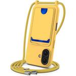 For iPhone 16 Plus Integrated Card Bag Solid Color Liquid Silicone Phone Case with Lanyard(Yellow)