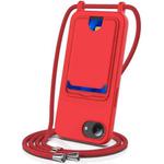 For iPhone 16e Integrated Card Bag Solid Color Liquid Silicone Phone Case with Lanyard(Red)