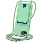 For iPhone 16e Integrated Card Bag Solid Color Liquid Silicone Phone Case with Lanyard(Green)