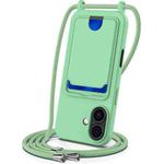 For iPhone 17 Integrated Card Bag Solid Color Liquid Silicone Phone Case with Lanyard(Green)