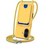 For iPhone 17 Integrated Card Bag Solid Color Liquid Silicone Phone Case with Lanyard(Yellow)