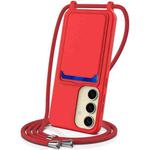 For Samsung Galaxy S24 5G Integrated Card Bag Solid Color Liquid Silicone Phone Case with Lanyard(Red)