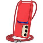 For Samsung Galaxy S24+ 5G Integrated Card Bag Solid Color Liquid Silicone Phone Case with Lanyard(Red)