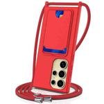 For Samsung Galaxy S23 Ultra 5G Integrated Card Bag Solid Color Liquid Silicone Phone Case with Lanyard(Red)