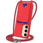 For Samsung Galaxy S23 FE 5G Integrated Card Bag Solid Color Liquid Silicone Phone Case with Lanyard(Red)
