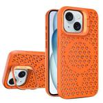 For iPhone 15 Plus Hollow Cooling Lens Holder MagSafe Magnetic TPU Phone Case(Orange)