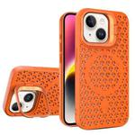 For iPhone 14 Plus Hollow Cooling Lens Holder MagSafe Magnetic TPU Phone Case(Orange)