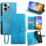 For Realme 14 5G Global Tree & Deer Embossed Leather Phone Case(Blue)